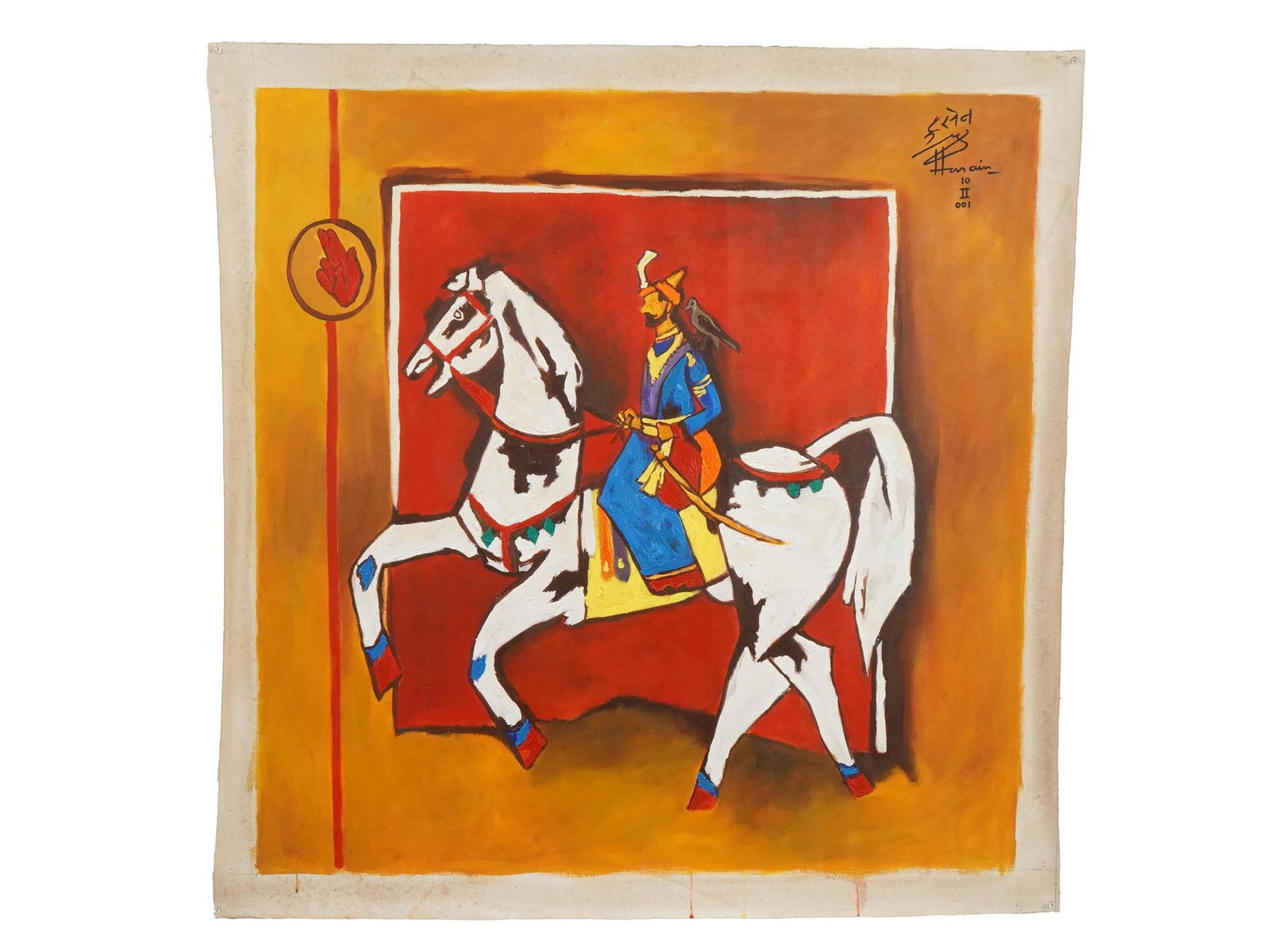 SIGNED MAQBOOL FIDA HUSAIN INDIAN ACRYLIC PAINTING: Signed Maqbool Fida Husain, an acrylic painting on canvas depicting a genre scene with a man seated on a horse. Signed upper right. Additionally signed on the back side. Maqbool Fida Husain, Indian, E