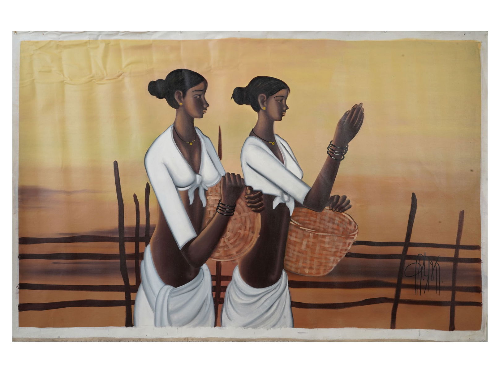 INDIAN PORTRAIT OIL PAINTING SIGNED B PRABHA W COA: An Indian oil painting on canvas depicting a double portrait of women in a rural landscape. Signed, B. Prabha, lower right. Completed with a certificate of authenticity, signed. B. Prabha is known for