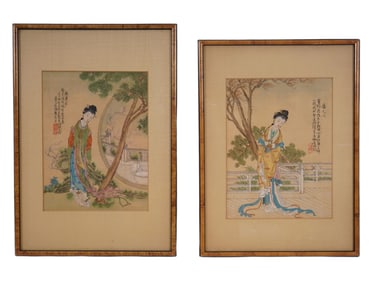 PAIR OF CHINESE SILK PAINTINGS FEMALE PORTRAITS