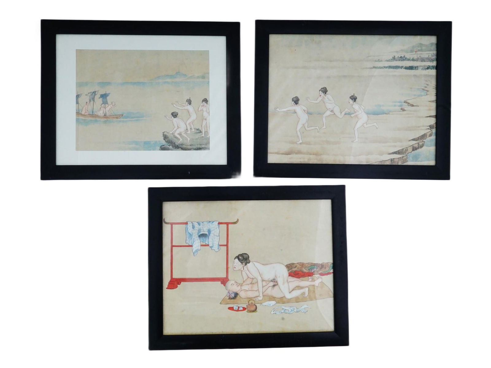 LOT OF JAPANESE EROTIC WATERCOLORS PAINTINGS: A lot of 3 Japanese watercolor paintings on paper. Shunga genre, a type of Japanese erotic art, a predecessor of modern day hentai genre. Individually framed. Collectible Oriental Graphic Art, Erotica