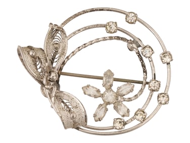 AM LEE STERLING SILVER FLOWER BROOCH W RHINESTONES