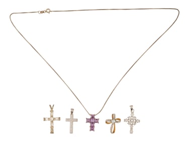 LOT OF 5 STERLING SILVER JEWELED CROSS PENDANTS