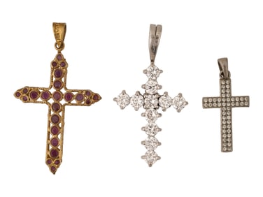 THREE STERLING SILVER CROSS PENDANTS W RUBIES AND GEMS
