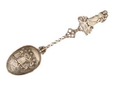 ANTIQUE DUTCH SILVER SERVING SPOON W FIGURAL DESIGN