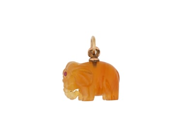 RUSSIAN HONEY AGATE GOLD AND RUBY ELEPHANT PENDANT