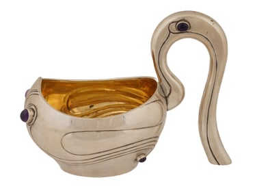 EXTRA LARGE RUSSIAN SILVER KOVSH WITH GEMSTONES