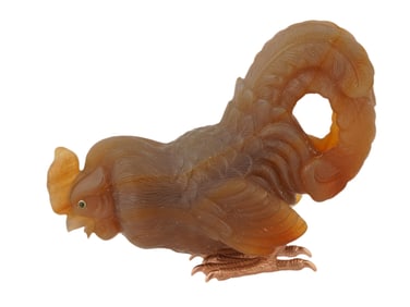 RUSSIAN CARVED AGATE GOLD EMERALD ROOSTER FIGURINE