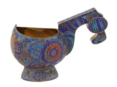 RUSSIAN SILVER ENAMEL KOVSH W FAIRYTALE MINI PAINTING