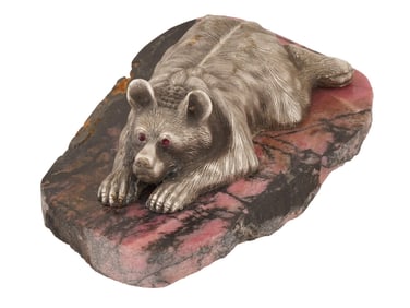 RUSSIAN SILVER BEAR FIGURINE W RUBY EYES RHODONITE BASE