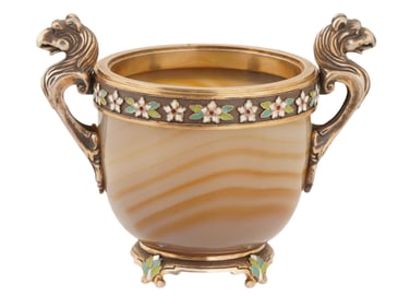 RUSSIAN SILVER ENAMEL AND CARVED HONEY AGATE CUP
