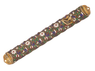 RUSSIAN JUDAICA SILVER ENAMEL MEZUZAH W GEMSTONES