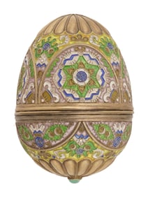 LARGE RUSSIAN SILVER ENAMEL EASTER EGG W GEMSTONE