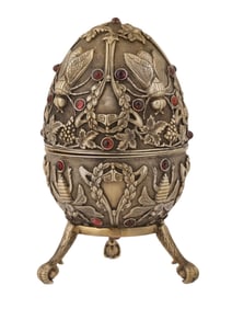 LARGE RUSSIAN SILVER BUG EASTER EGG W GEMS ON STAND