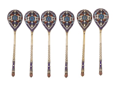 SET OF SIX RUSSIAN SILVER ENAMEL DEMITASSE SPOONS