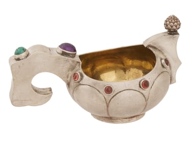 RUSSIAN 84 SILVER KOVSH WITH COLORFUL GEMSTONES