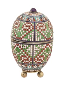 LARGE RUSSIAN GEMSTONE SILVER ENAMEL EASTER EGG W STAND