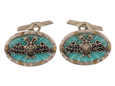 RUSSIAN SILVER ENAMEL DIAMOND IMPERIAL CUFFLINKS
