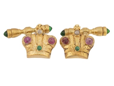 RUSSIAN GILT SILVER DIAMOND GEMS CROWN CUFFLINKS