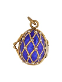 RUSSIAN SILVER ENAMEL EGG LOCKET PENDANT W PEARLS