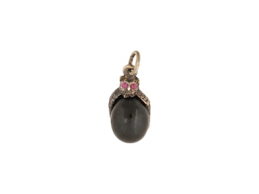 RUSSIAN BLACK JADE AND SILVER OWL EGG PENDANT W RUBIES