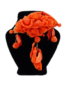 ANTIQUE GOLD AND CARVED RED CORAL BROOCH W CUPID MOTIF