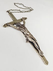 LARGE ANTIQUE SILVER CRUCIFIX CROSS PENDANT W CHAIN