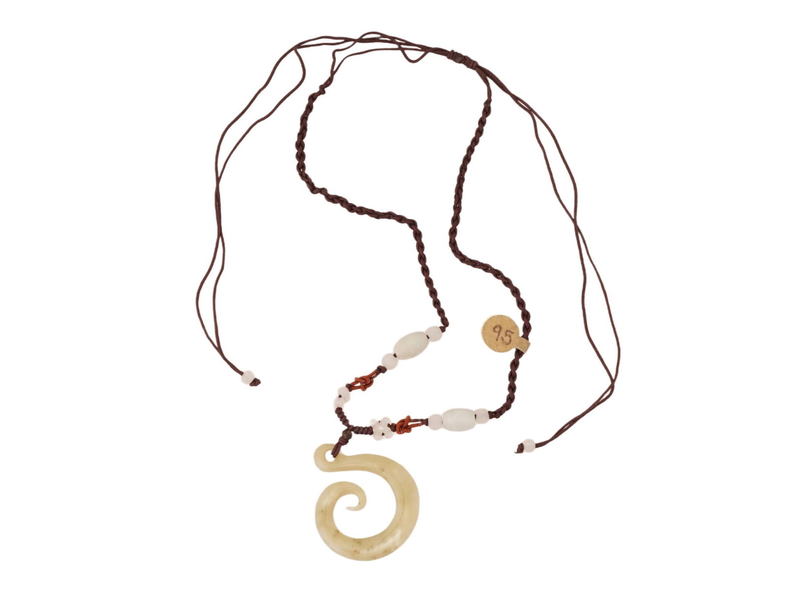 CHINESE SPIRAL JADE PENDANT NECKLACE: A Chinese jade pendant with a dark cord. The pendant has a spiral design and is attached to the cord with a small loop. The necklace also features white beads. Antique and Vintage Asian and Oriental H