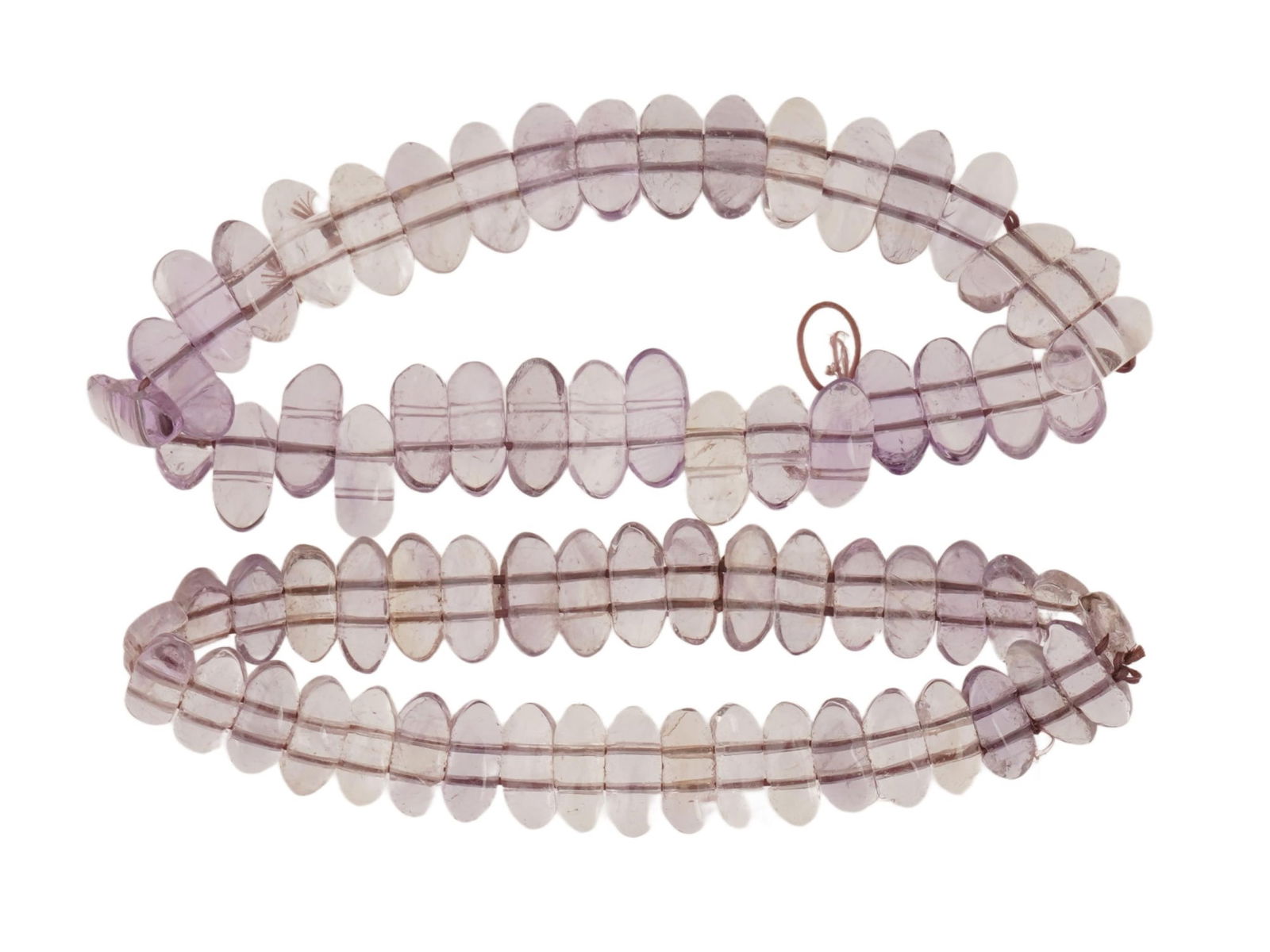 PAIR OF BEADED DESIGN AMETHYST STONE BRACELETS: A pair of bracelets with graduated oval Amethyst stone beads, also known as disc shaped beads or heishi. The beads have a smooth, polished, or slightly faceted surface. Vintage and Mid century Jewelry