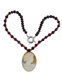 VINTAGE CAMEO NECKLACE WITH RED BEADED GEMSTONES