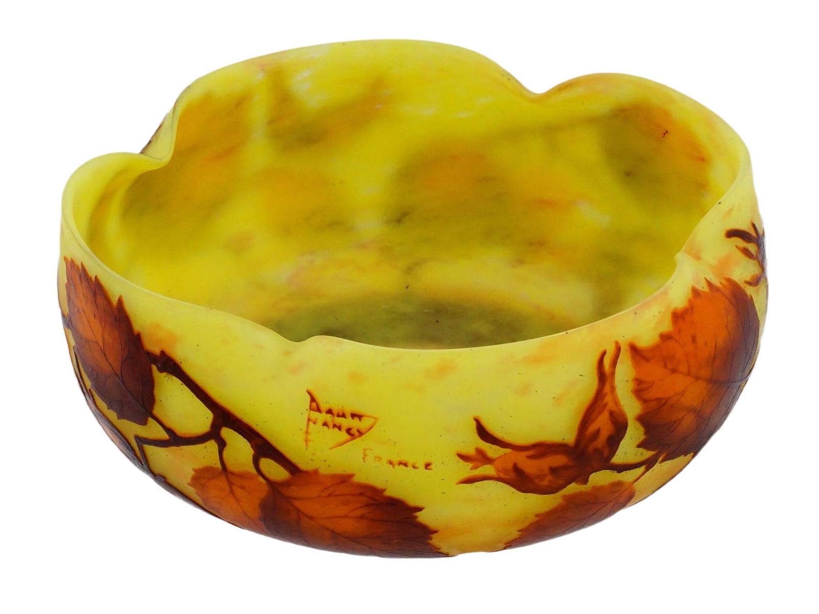 ANTIQUE ART NOUVEAU CAMEO GLASS VASE BY DAUM NANCY: An antique Art Nouveau cameo glass vase by Daum Nancy. Circa: the early 20th century. The yellow round vase has four inward bends that form small indentations on the rim. Etched decoration in relief: