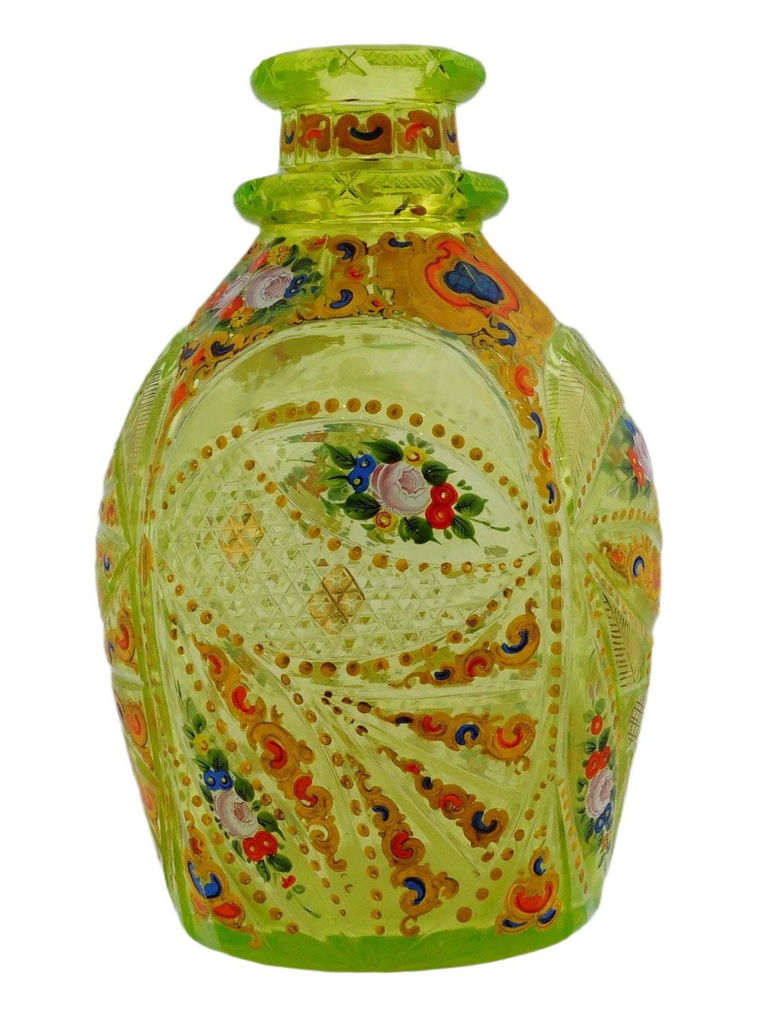 ANTIQUE BOHEMIAN GLASS DECANTER MADE FOR PERSIAN MARKET: An antique, 19th-century Bohemian glass decanter, explicitly crafted for the Persian market. It features elaborate hand-painted polychrome enamel floral motifs and scrolling patterns. The body has a b
