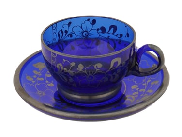 ANTIQUE ITALIAN MURANO COBALT BLUE GLASS CUP AND SAUCER