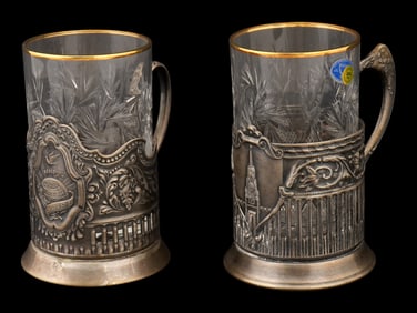 PAIR OF RUSSIAN COPPER TEA GLASS HOLDERS WITH CUPS