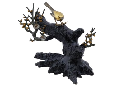 ANTIQUE BRONZE SCULPTURE OF BIRD PERCHED ON TREE