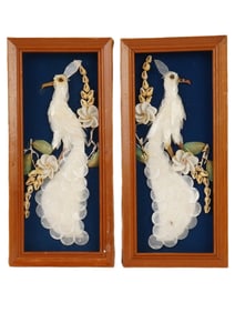 PAIR MID CEN PEACOCKS SHELL APPLIED ARTWORKS PANELS