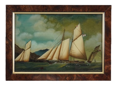 VINTAGE CHINESE REVERSE GLASS PAINTING SAILING SHIP