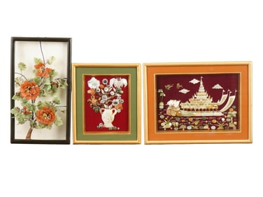 VINTAGE ASIAN COLLAGE ARTWORKS W NATURAL MATERIALS