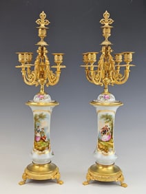 ANTIQUE FRENCH SEVRES PORCELAIN GILT BRONZE CANDELABRAS