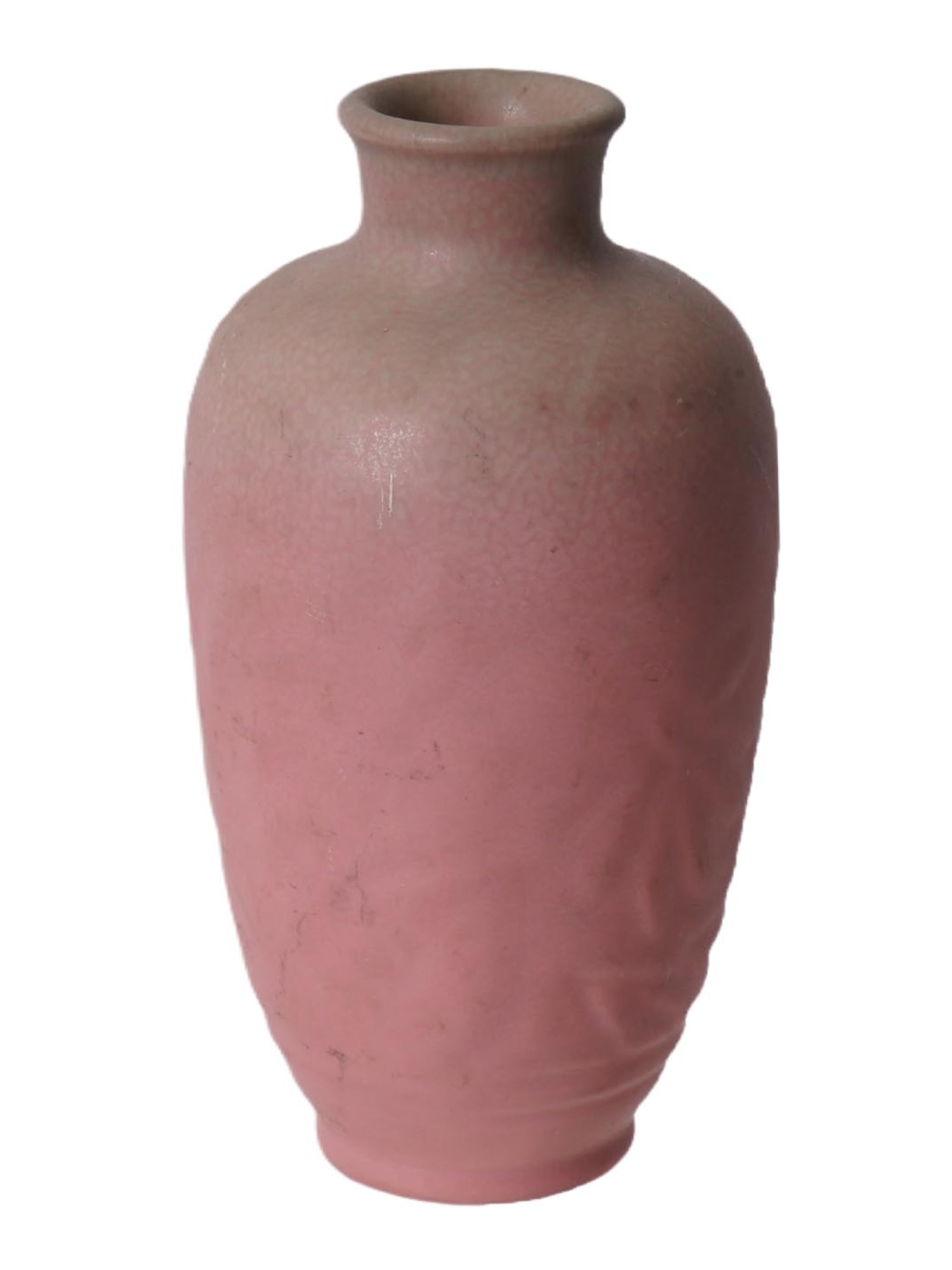 VINTAGE ROOKWOOD POTTERY PINK MATTE GLAZE CERAMIC VASE: A vintage Rookwood Pottery ceramic vase, manufactured in Cincinnati, Ohio, likely dating from the 1920s to 1930s. The vase features a soft pink matte glaze with a light green frog skin overglaze near