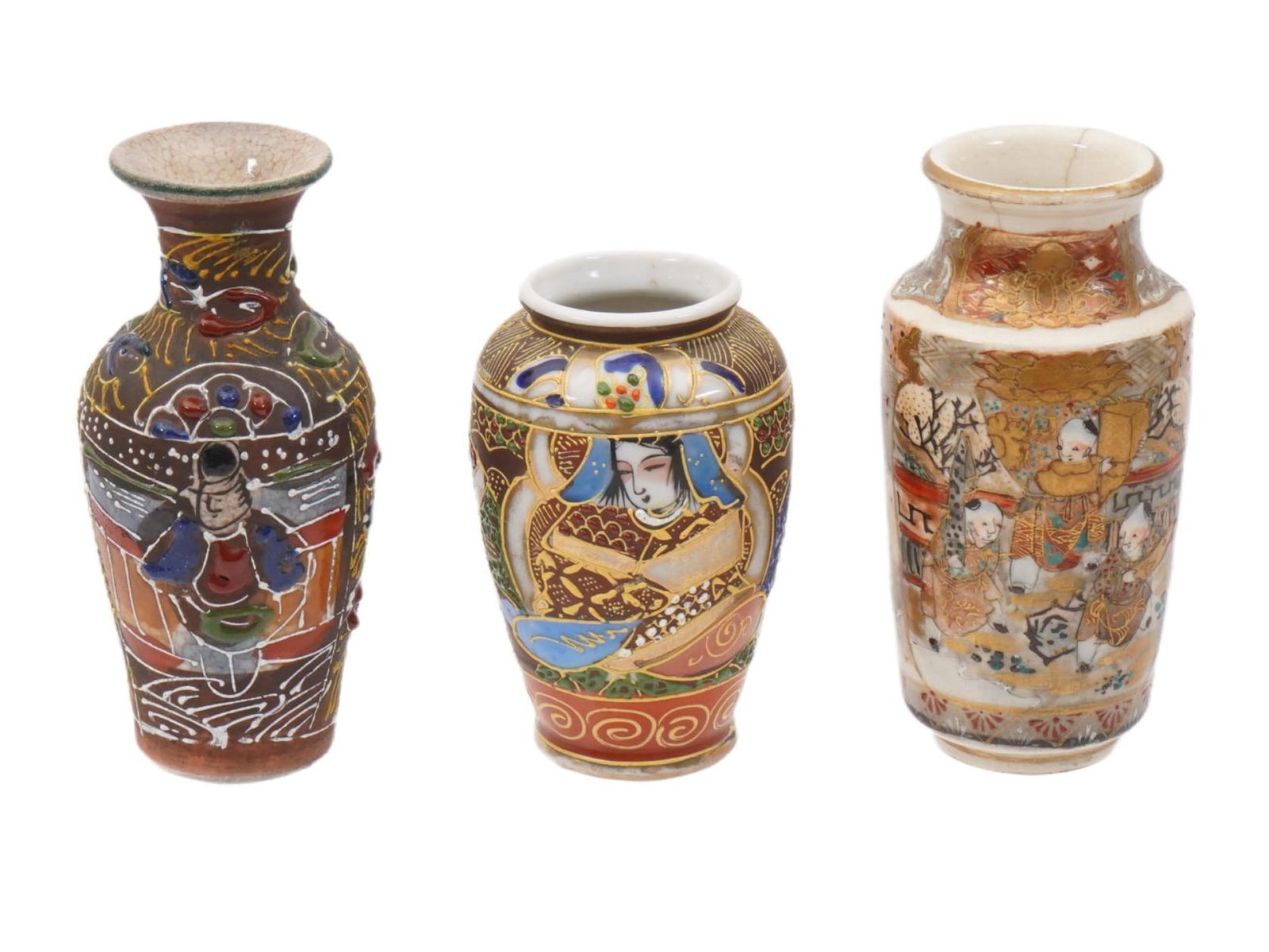 LOT OF ASIAN JAPANESE PAINTED CERAMIC PORCELAIN VASES: A lot of three Asian ceramic vases. The collection includes two hand painted ceramic vases featuring hand painted portraits and genre scenes. One is adorned with relief accents and a crackled design;