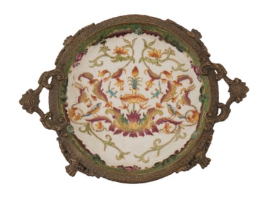 CHINESE FOOTED PORCELAIN AND GILT BRONZE SOAP DISH