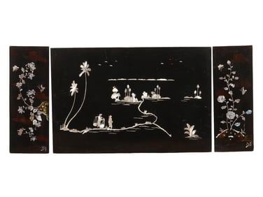 VINTAGE CHINESE WOOD AND MOTHER OF PEARL WALL PANEL