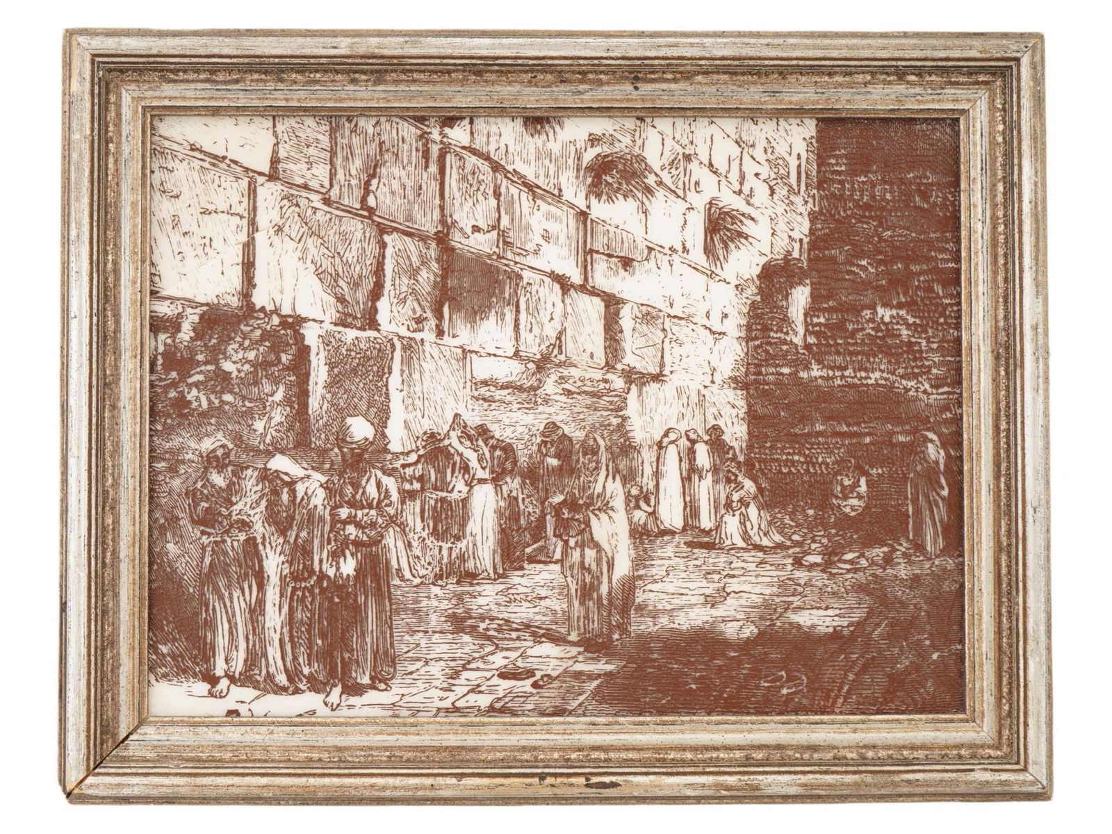 VINTAGE JUDAICA ENGRAVING ON MARBLE PLAQUE: A vintage Judaica engraving on a white marble plaque. The engraving depicts a genre scene with a group of people at the Western Wall, or Wailing Wall, in Jerusalem. Signed with initials lower right. F