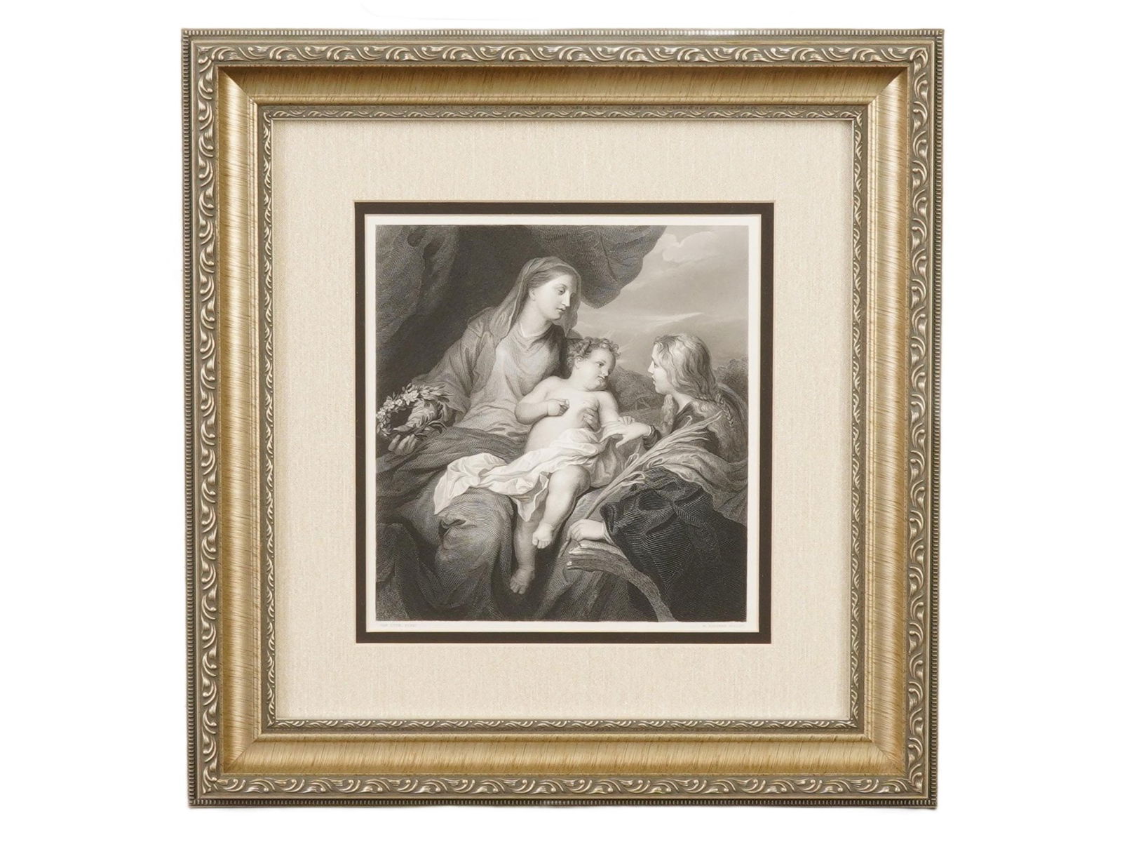 ANTIQUE 19TH CEN ENGRAVING AFTER VAN DYCK: An antique 19th century engraving titled Madonna and Child, after Anthony Van Dyck 1599 to 1641, was a Flemish Baroque artist who became the leading court painter in England after success in the