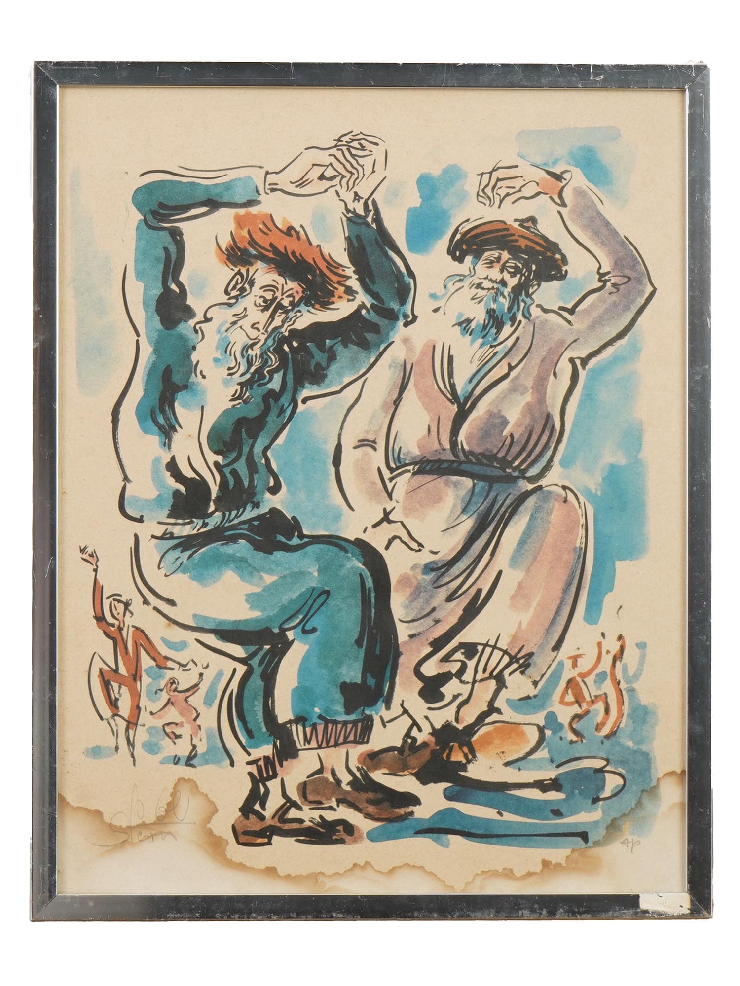 VINTAGE JUDAICA LITHOGRAPH ON PAPER BY YOSSI STERN: A vintage Judaica lithograph on paper by Yossi Stern, 1923 to 1992 Israeli artist known as the Artist of Jerusalem. The artwork depicts dancing old men. Signed by the artist in pencil lower left.