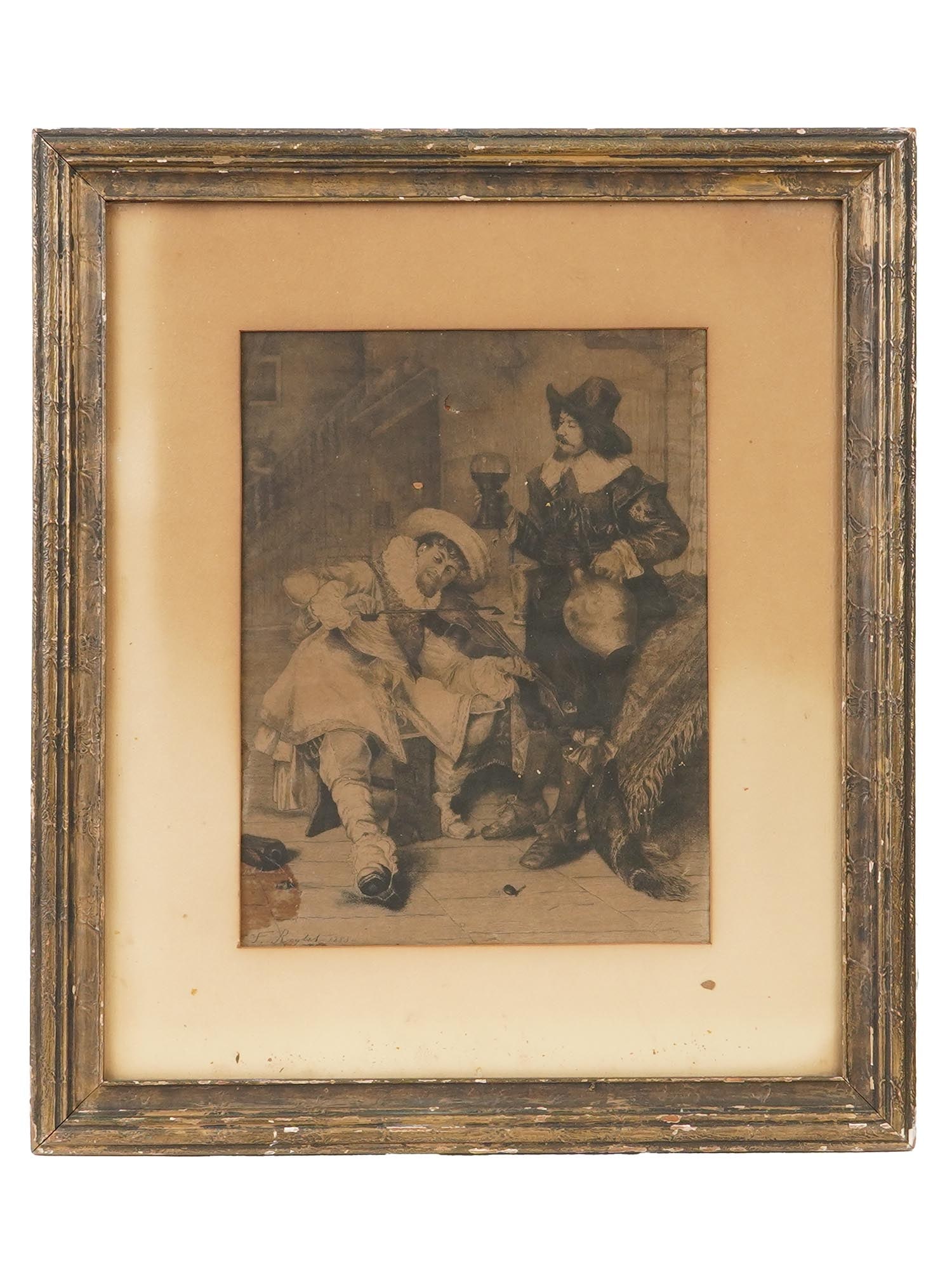 ANTIQUE FRENCH ENGRAVING BY FERDINAND ROYBET: An antique French engraving on paper by Ferdinand Roybet, titled Fiddler in a Tavern. Signed and dated 1883, lower left. Framed by a wood frame and matted. Ferdinand Victor Leon Roybet, 1840 to 1920 w