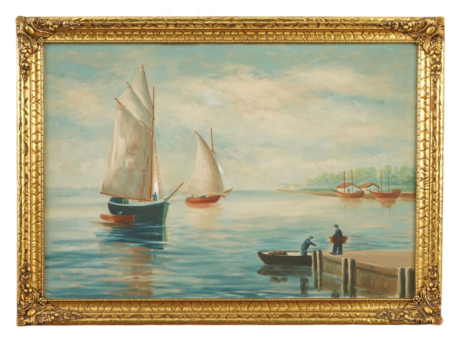 MODERNIST PORT SCENE OIL PAINTING SIGNED BY ARTIST (1 of 4)