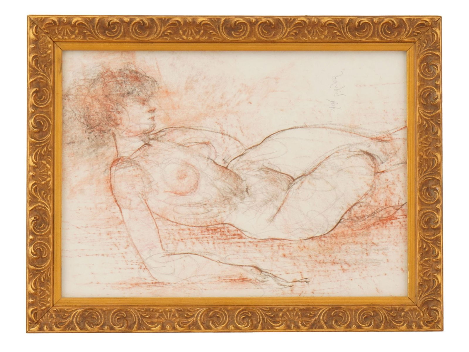 MAX TURNER AMERICAN FEMALE NUDE PAINTING ON PAPER: Max Lamar Turner, American, 1925 to 2019, charcoal and sanguine on paper painting. Reclining female nude. Signed in the lower right. Undated. Framed. Max Turner was a sculptor and instructor at the Ca