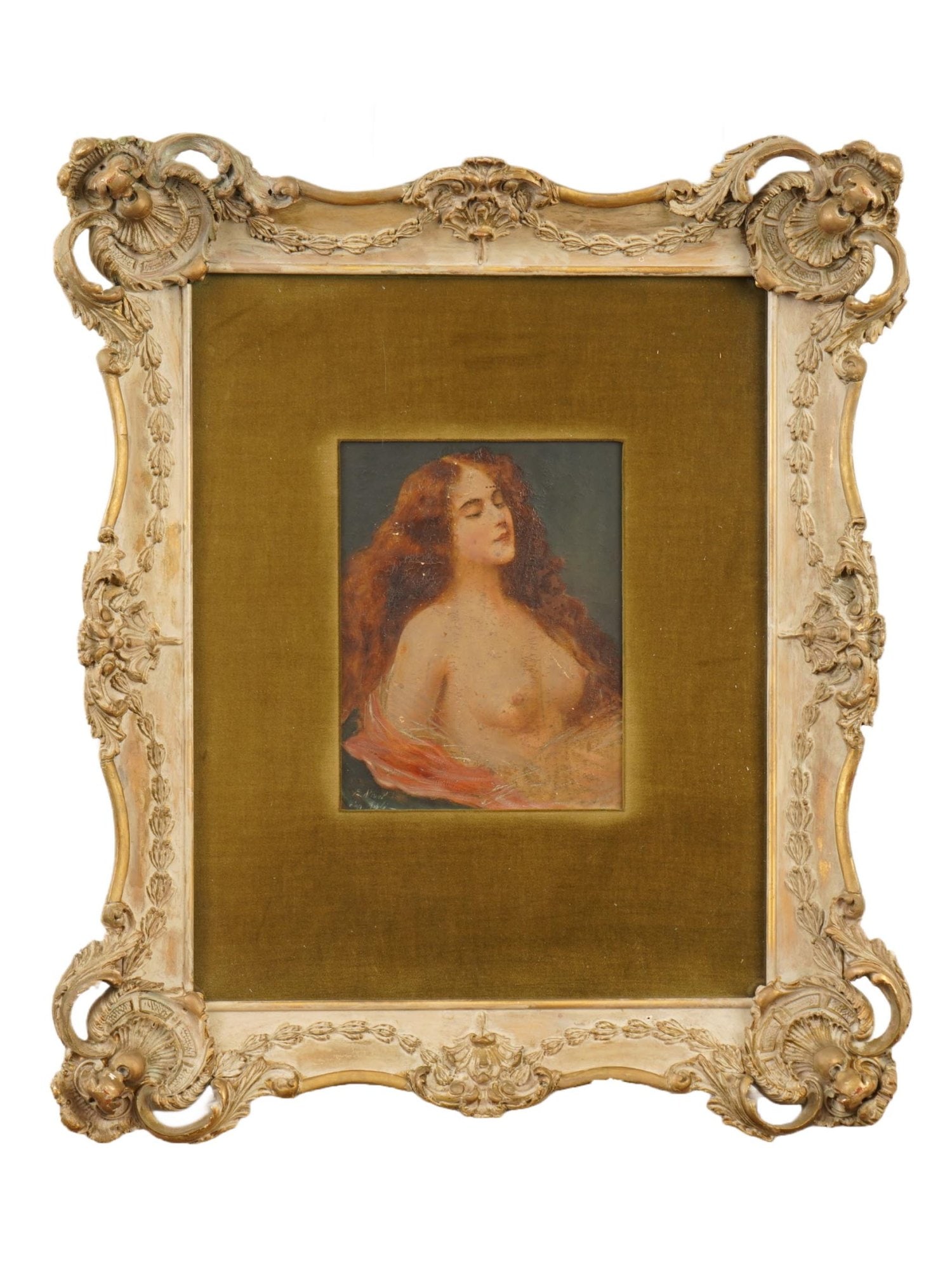 SIGNED ANTIQUE OIL NUDE TORSO PORTRAIT PAINTING: An antique oil on board nude portrait painting. Illegible signature lower left, E. Nival, Asti. Presumably after Angelo Asti, Italian, 1847 to 1903. The painting depicts a portrait of a nude torso of