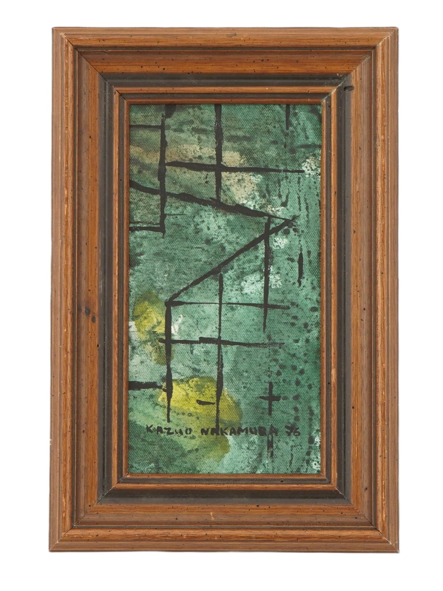 JAPANESE MIXED MEDIA PAINTING SIGNED KAZUO NAKAMURA: A mixed media painting on canvas mounted on board depicting an abstract landscape. Signed and dated 76, lower to the center. Framed. Additionally inscribed, on the backside. Kazuo Nakamura was a Japan
